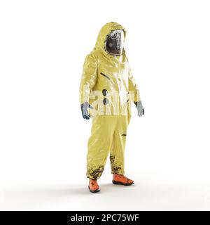 Homme en costume jaune portant un équipement de protection et un masque à gaz, rendu 3D Banque D'Images