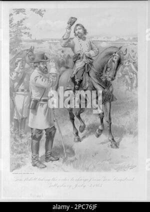 Général Pickett prenant l'ordre de facturer de General Longstreet, Gettysburg, 3 juillet 1864 / H.A. Ogden. D4750 ÉTATS-UNIS Bureau du droit d'auteur, titre de l'article, signé sur la pierre en bas à droite: H.A. Odgen, imprimé en bas à gauche: Copyright 1900 par Jones Bros. Pub Co, numéro de copyright inscrit à l'encre au verso, date de dépôt de copyright estampillée au verso. Pickett, George E, (George Edward), 1825-1875, Service militaire, Longstreet, James, 1821-1904, Service militaire, Gettysburg, Battle of, Gettysburg, Pa, 1863, États-Unis, Histoire, Guerre civile, 1861-1865, personnel militaire, Confédéré. Banque D'Images