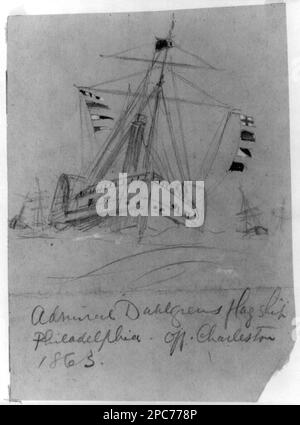 Amiral Dahlgrens navire drapeau Philadelphie-off. Charleston 1863. Morgan collection de dessins de la guerre civile. Dahlgren, John Adolphus Bernard, 1809-1870, Service militaire, Philadelphie (navire à vapeur), 1860-1870, drapeaux de signalisation, 1860-1870, navires, 1860-1870, États-Unis, Histoire, Guerre civile, 1861-1865, Transports, États-Unis, Histoire, Guerre civile, 1861-1865, opérations navales, États-Unis, Caroline du Nord, Charleston Banque D'Images