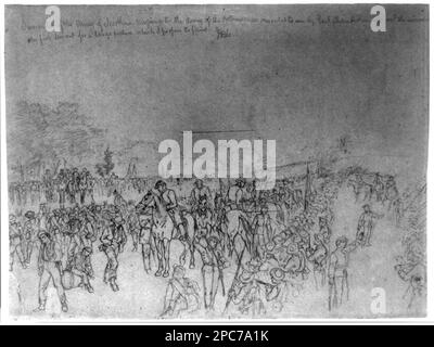 Cession de l'armée de Virginie du Nord à l'armée du Potomac. Titre inscrit au-dessus de l'image, inscrit à côté du titre: Comme je l'ai décrit par Genl. Chamberlain, qui recd le surrende[r]. Mon premier plan pour une grande image que je propose de peindre. J.R.C, daté de sources historiques énumérant 12 avril 1865 comme date de remise, Don, John R. Chapin, 1902 (DLC/PP-A41531,2), imprimé de référence disponible dans le dossier des dessins de la guerre civile 1865. Chamberlain, Joshua Lawrence, 1828-1914, Service militaire, Appomattox Campaign, 1865, soldats, confédéré, 1860-1870, soldats, Union, 1860-1870, Milita Banque D'Images