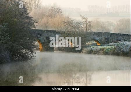 Pont au-dessus de la rivière à l'aube, rivière Medway, parc national de Teston Bridge, Kent, Angleterre, hiver Banque D'Images