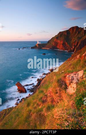 Vue sur les falaises de mer avec phare éloigné au coucher du soleil, avec l'épave de la MV Johanna en premier plan, phare de Hartland, Hartland point, Nord D. Banque D'Images