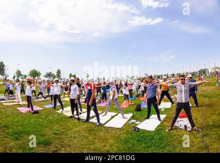 Bakou, Azerbaïdjan, 20 mai 2019 : les hommes et les femmes pratiquent le yoga dans un parc sur une verrière Banque D'Images