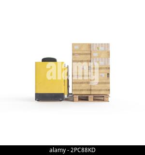 Un chariot élévateur est illustré pour transporter une pile de boîtes à un emplacement plus haut Banque D'Images