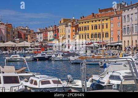 Bateaux de pêche et voiliers dans le port de la ville Rovinj / Rovivno, station balnéaire le long de la mer Adriatique nord, Istria Comté, Croatie Banque D'Images