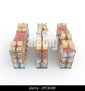 Un ensemble de trois tablettes organisées avec deux niveaux de boîtes empilées sur le dessus Banque D'Images