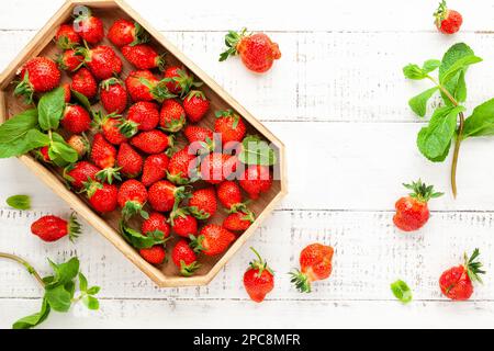 De délicieuses fraises fraîches en boîte et des feuilles de menthe sur fond de bois blanc, vue du dessus. Flat lay, espace de copie. Laides fraises organiques Banque D'Images