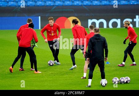 Le RB Leipzig Marcel Halstenberg lors d'une session d'entraînement au Etihad Stadium, Manchester. Date de la photo: Lundi 13 mars 2023. Banque D'Images