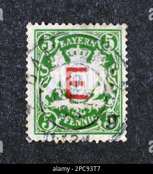 Timbre-poste imprimé en Allemagne, Bayern, qui montre E Overprint sur les armoiries du Bayern, vers 1908. Banque D'Images