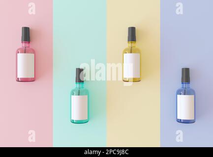 Flacons en verre cosmétiques sur modèle de table à rayures pastel pour la conception de l'emballage, vue du dessus. Flacons pulvérisateurs de parfum mockup, verre coloré avec liquide. Banque D'Images