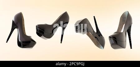 Chaussures montantes blanches tendance pour femme avec talons hauts isolées sur fond beige. Les chaussures tendance flottent. Bannière horizontale. Créativité minimale Banque D'Images