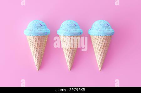 Crème glacée dans un cône de gaufres avec un goût de ciel bleu ou de gomme à bulles. Vue de dessus, un délicieux motif de trois glaces dans une rangée. Isolé sur un dos rose Banque D'Images