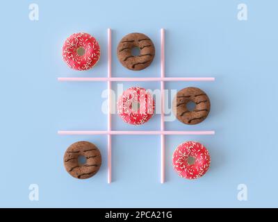 Jouer dans le jeu de tik tak toe avec des beignets de chocolat et de fraise rose. Idée créative pour la boulangerie. Vue de dessus, plat, pastel Banque D'Images