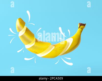 Une banane coupée en tranches sur fond bleu. Flottant savoureux mûres de bananes jaunes avec des gouttes de jus de bande dessinée. Fruits frais et créatifs en promotion Banque D'Images