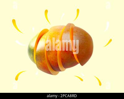 Une mangue coupée en tranches sur fond jaune. Partie de mangue mûre flottante orange à l'intérieur et gouttes de jus de bande dessinée. Fruits frais et créatifs Banque D'Images