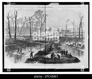 La tête du canal, en face de Vicksburg, Mrs., maintenant coupée par le Commandement général Grant / d'un croquis de notre artiste spécial, Henri Lovie. Titre de l'article, Illus. Dans: Frank Leslie's Illustrated Newspaper, v. 16, no 391 (1863 28 mars), p. 8-9. Construction de canaux, Mississippi, 1860-1870, esclaves fugitifs, Mississippi, 1860-1870, États-Unis, Histoire, Guerre civile, 1861-1865, Personnel militaire, Union, États-Unis, Histoire, Guerre civile, 1861-1865, tactique militaire, Union. Banque D'Images