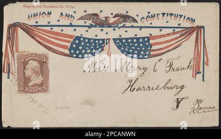 Enveloppe de la Guerre civile montrant des drapeaux américains avec aigle et étoiles au-dessus avec le message 'Union et Constitution'. Titre conçu par le personnel de la Bibliothèque, adressé à Mlle Mary E. Frank, Harrisburg, Penna.; porte-tampon de 3 cents, cadeau; Tom Liljenquist; 2010; (DLC/PP-2010:105), pp/liljmem. États-Unis, Histoire, Guerre civile, 1861-1865, aspects sociaux, Aigles, 1860-1870, symboles, 1860-1870, drapeaux, Américain, 1860-1870. Banque D'Images