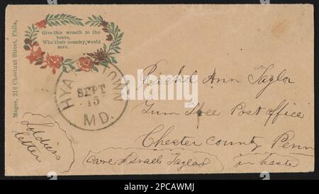 Enveloppe de la guerre civile montrant une couronne avec le message « Donnez cette couronne aux braves, que leur pays sauvera ». Titre conçu par le personnel de la bibliothèque, adressé à Rachel Ann Taylor, Gum Tree Post Office, Chester County, Penn, CARE Israel Taylor; postmarqué Hyattstown, MD, Notations sur recto: Lettre du soldat; en hâte, Don; Tom Liljenquist; 2012; (DLC/PP-2012:127), pp/liljmem. Couronnes, 1860-1870, États-Unis, Histoire, Guerre civile, 1861-1865, aspects sociaux. Banque D'Images