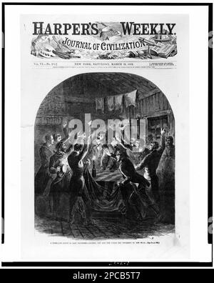 Une scène palpitante dans l'est du Tennessee--le colonel Fry et les hommes de l'Union jurant par le drapeau. Illus. Depuis : Harper's Weekly, 1862 29 mars, Cover. Etats-Unis, Histoire, Guerre civile, 1861-1865, guérilla, États-Unis, Histoire, Guerre civile, 1861-1865, opérations secrètes, Union, Oaths, Tennessee, Greene County, 1860-1870, Promesses d'allégeance, Tennessee, comté de Greene, 1860-1870. Banque D'Images