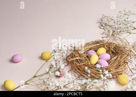 Bannière pour les vacances de Pâques. Œufs colorés dans un nid de paille et fleurs blanches sur fond pastel. Placer pour le texte. Vue de dessus. Banque D'Images