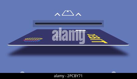 Une carte de débit est visible avec la fente d'insertion de carte sur un guichet automatique ou un système de vérification de lecture de puce dans cette illustration 3-d. Banque D'Images
