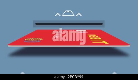 Une carte de débit est visible avec la fente d'insertion de carte sur un guichet automatique ou un système de vérification de lecture de puce dans cette illustration 3-d. Banque D'Images