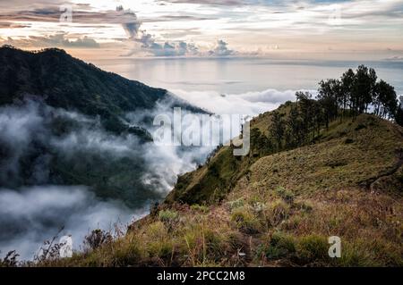 Brume au-dessus de la mer sur le mont Rinjani du camp de Sembalun Rim, Lombok, Indonésie Banque D'Images