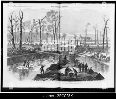 La tête du canal, en face de Vicksburg, Miss., maintenant coupé par le commandement du général Grant / d'un croquis de notre artiste spécial, Henri Lovie. Illus. In: Frank Leslie's Illustrated Newspaper, 1863 28 mars, pp. 8-9. Etats-Unis, Histoire, Guerre civile, 1861-1865, Ingénierie et construction, Construction du canal, Mississippi, Vicksburg, 1860-1870. Banque D'Images