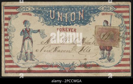 Enveloppe de la guerre civile montrant Patriot étiqueté « Secred » Holding the Constitution et soldat Zouave étiqueté « Defended », avec le message « The Union Forever ». Titre conçu par le personnel de la Bibliothèque, adressé à M. W. L. Hinch, New Haven, Hills.; porte-tampon de 3 cents, notation sur le verso: Ausee[?], 15th novembre 1861, Don; Tom Liljenquist; 2012 ; (DLC/PP-2012:127), pp/liljmem. Zouaves, Union, 1860-1870, États-Unis, History, Revolution, 1775-1783, personnel militaire, États-Unis, Histoire, Guerre civile, 1861-1865, aspects sociaux. Banque D'Images