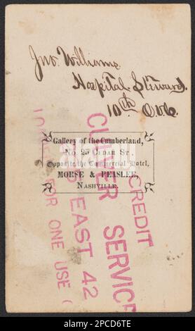 Hôpital Steward John O. Williams de Co. I, 10th Ohio Cavalry Regiment en uniforme / Galerie du Cumberland, n° 25, rue Cedar, en face de l'hôtel commercial, Morse & Peaslee, Nashville. Collection de photos de la guerre civile de la famille Liljenquist , pp/papier liljpaper. Williams, John O, 1845-1901, États-Unis, Army, Ohio Cavalry Regiment, 10th (1862-1865), People, personnel de santé, 1860-1870, Soldats, Union, 1860-1870, uniformes militaires, Union, 1860-1870, États-Unis, Histoire, Guerre civile, 1861-1865, Personnel militaire, Union. Banque D'Images