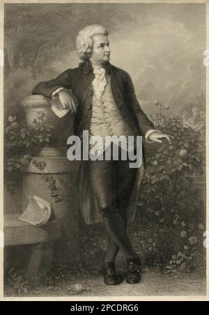 Le célèbre compositeur de musique autrichien WOLFANG AMADEUS MOZART ( 1756 - 1791 ) . Portrait gravé du XIX e siècle par FR. Schworer et Paul Barfus , imprimé par Druck v FR, Felsing , Munchen , Bavière , ALLEMAGNE . - COMPOSITORE - OPERA LIRICA - CLASSICA - CLASSIQUE - PORTRAIT - RITRATTO - MUSICISTA - MUSICA - profilo - profil - JARDIN - GIARDINO - rosa - roses - rose - roseto - perruque - parrucca - fleurs - fiori - spartito musicale - feuille de musique - Jabot - Incisione - illustration - illustrazione -- -- ARCHIVIO GBB Banque D'Images