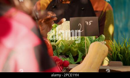 Jeune femme regardant les légumes frais à acheter sur le stand du marché local, client parlant à l'agriculteur de greenmarket. Fournisseur présentant des produits naturels biologiques au salon de l'alimentation. Prise de vue à main levée. Banque D'Images