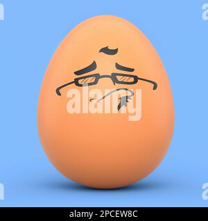 Ferme oeuf peint brun avec des expressions et visage drôle isolé sur fond bleu. 3D rendu des oeufs de Pâques modèle de conception pour l'accueil et invité Banque D'Images
