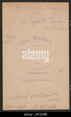 Brigadier général Richard Montgomery Gano of Co A, Gano's Texas Cavalry Bataillon; Co G, 2nd Kentucky Cavalry Regiment, Co A, 7th Kentucky Cavalry Regiment et 5th Texas Cavalry Regiment en uniforme / Jas. Mullen, photographe, n° 52 East main Street, Lexington, Ky., Magnolia Gallery. Collection de photos de la guerre civile de la famille Liljenquist , pp/papier liljpaper. Gano, Richard M, (Richard Montgomery), 1830-1913, États-Unis, Armée, Kentucky Cavalry Regiment, 2nd (1861-1865), population, 1860-1870, États-Unis, Army, Kentucky Cavalry Regiment, 7th (1862-1863), People, 1860-1870, États-Unis, Army, Banque D'Images