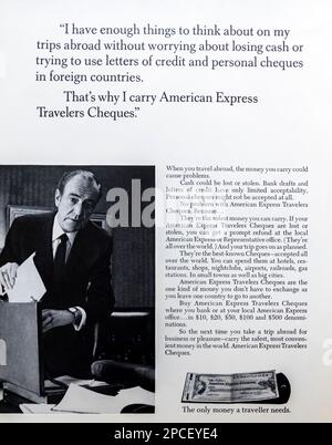 Publicité American Express Travelers Cheques dans un magazine NatGeo septembre 1969 Banque D'Images