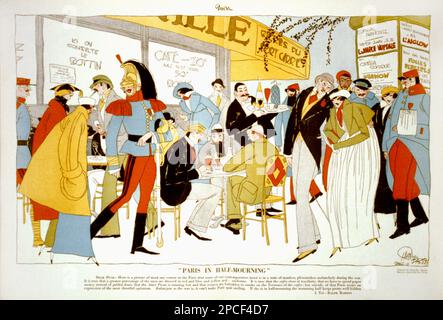 1915 , 6 novembre, Etats-Unis : du magazine américain PUCK , oeuvre de RALPH BARTON ( 1891 - 1931 ) intitulée "PARIS EN DEMI-DEUIL" . Était un artiste américain plus connu pour ses dessins animés et caricatures d'acteurs et d'autres célébrités. - LA SOCIÉTÉ DU CAFÉ - ART DÉCO - ILLUSTRATEUR - ILLUSTRATORE - ILLUSTRAZIONE - RIVISTA ILLUSTRATOR - ARTS - ARTE - LA SOCIÉTÉ DU CAFÉ - BOHÈME - PARIGI - FRANCIA - FRANCE - MODE - MODA SOCIALITES - BAR - TERASSE ---- Archivio GBB Banque D'Images