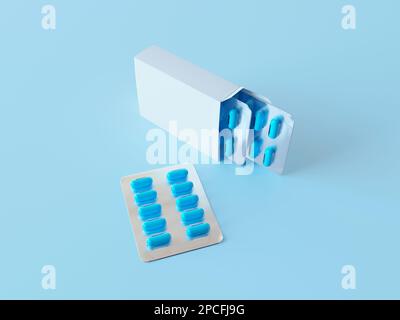 Boîte en papier blanc vierge réaliste avec comprimés et blister. Capsules médicales bleues isolées sur fond bleu. Un groupe de capsules de pilule antibiotique Banque D'Images