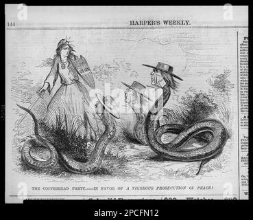 Le parti à tête de coperhead - en faveur d'une poursuite vigoureuse de la paix!. Titre de l'article, Illus. Dans: Harper's Weekly, v. 7, no 322 (1863 28 février), p. 144. Copperhead mouvement, 1860-1870, Columbia (symbolique), 1860-1870, États-Unis, Histoire, Guerre civile, 1861-1865, paix. Banque D'Images