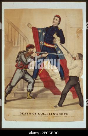 Mort du colonel Ellsworth après avoir arrêté le drapeau rebelle, à la prise d'Alexandrie, Virginie, 24 mai 1861 / / Brownell ; Jackson.. Currier & Ives : un catalogue raisonné / compilé par Gale Research. Detroit, MI : Gale Research, c1983, no 1603. Ellsworth, E. E., (Elmer Ephraim), 1837-1861, mort et inhumation, Etats-Unis, Histoire, Guerre civile, 1861-1865, victimes, Union. Banque D'Images