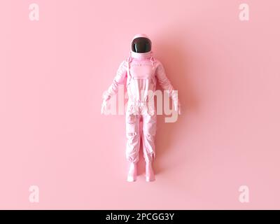 Costume d'astronaute rose brillant, concept d'une femme dans l'espace, style d'espace à la mode. Rose pastel Spaceman Astronaut Cosmonaut jouet isolé sur rose Banque D'Images