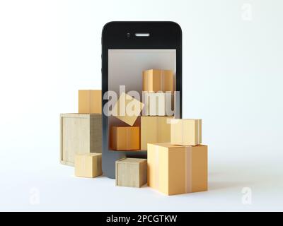 Un smartphone noir et un tas de boîtes en carton isolées sur un fond blanc. Icône créative du service de livraison. Application mobile de livraison Banque D'Images