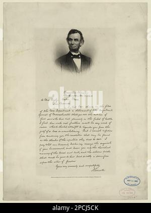 Lettre d'Abraham Lincoln à Mme Bixby, avec le portrait en buste de Lincoln / Engd. Par J. C. Buttre, photo par M.B. Brady. W15417 ÉTATS-UNIS Copyright Office 18920729, titre conçu par le personnel de la Bibliothèque, inscrit en vertu de la loi du Congrès, en l'an 1891 par M.F. Tobin, au Bureau du bibliothécaire du Congrès à Washington, D.C. Lincoln, Abraham, 1809-1865, commémoration, Bixby, Lydia Parker, 1801?-1878, objets associés, correspondance, 1860-1870, États-Unis, Histoire, Guerre civile, 1861-1865. Banque D'Images