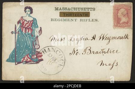 Enveloppe de la guerre civile pour les fusils du treizième Régiment du Massachusetts montrant Lady Justice vêtus d'un drapeau américain. Liljenquist Family Collection of civil War Photographs , pp/liljmem. Etats-Unis, Army, Massachusetts Infantry Regiment, 13th (1861-1864) , symboles, 1860-1870, Justice, représentation symbolique, 1860-1870, États-Unis, Histoire, Guerre civile, 1861-1865, aspects sociaux. Banque D'Images