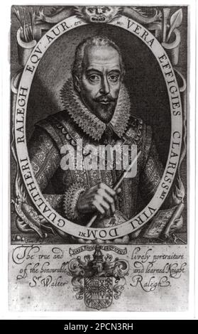 1615ca , Londres , ANGLETERRE : Sir WALTER RALEIGH ( East Budleigh, 1552 CA – Londres 1618 ). Gravure de Simon van de passe (1591-1644). Était un aristocrate anglais, écrivain, poète, soldat, courtier, et explorer . Il s'est levé rapidement en faveur de la reine Elizabeth I, étant fait chevalier en 1585, et a été impliqué dans le début de la colonisation anglaise du Nouveau monde en Virginie sous un brevet royal. En 1591, il épousa secrètement Elizabeth Throckmorton, une des dames en attente de la reine, sans demander la permission de la reine, pour laquelle lui et sa femme sont envoyés à la Tour de Londres. Après sa libération, ils Banque D'Images