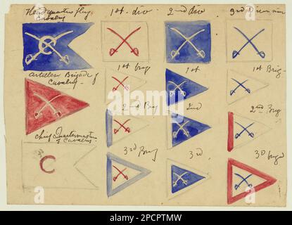 Normes militaires de la cavalerie pendant la guerre de Sécession. Titre conçu, inscrit au-dessus des trois drapeaux sur la marge gauche: Cavalerie du pavillon du quartier général; cavalerie de la brigade d'artillerie; chef de quart de cavalerie, Source inconnue. Normes militaires, 1860-1870, Cavalry, 1860-1870, États-Unis, Histoire, Guerre de Sécession, 1861-1865, Equipement et fournitures, États-Unis Banque D'Images