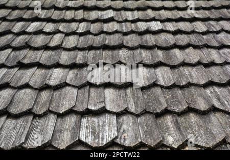 Fond gris, tuiles de toit en bois, texture. Un gros plan d'un ancien toit gris recouvert de tuiles en bois. Banque D'Images