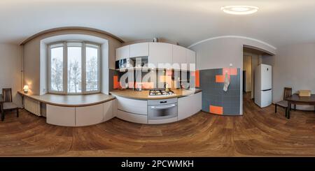 Vue panoramique à 360° de Vue panoramique de hdri 360 sphérique sans couture à l'intérieur de la petite cuisine dans les appartements modernes avec meubles en projection équirectangulaire, VR