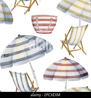 Chaises de plage aquarelle dessinées à la main, sacs et parasols à motifs sans couture. Isolé sur fond blanc. Décoration murale, mariage, imprimé, tissu Banque D'Images