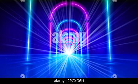 Lignes de néon luminescentes, arcade, tunnel, arrière-plan technologique abstrait, réalité virtuelle. Arc rose bleu violet néon, couloir, perspective. Ultraviolet Banque D'Images