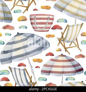 Chaises de plage aquarelle dessinées à la main, sacs et parasols à motifs sans couture. Isolé sur fond blanc. Décoration murale, mariage, imprimé, tissu Banque D'Images
